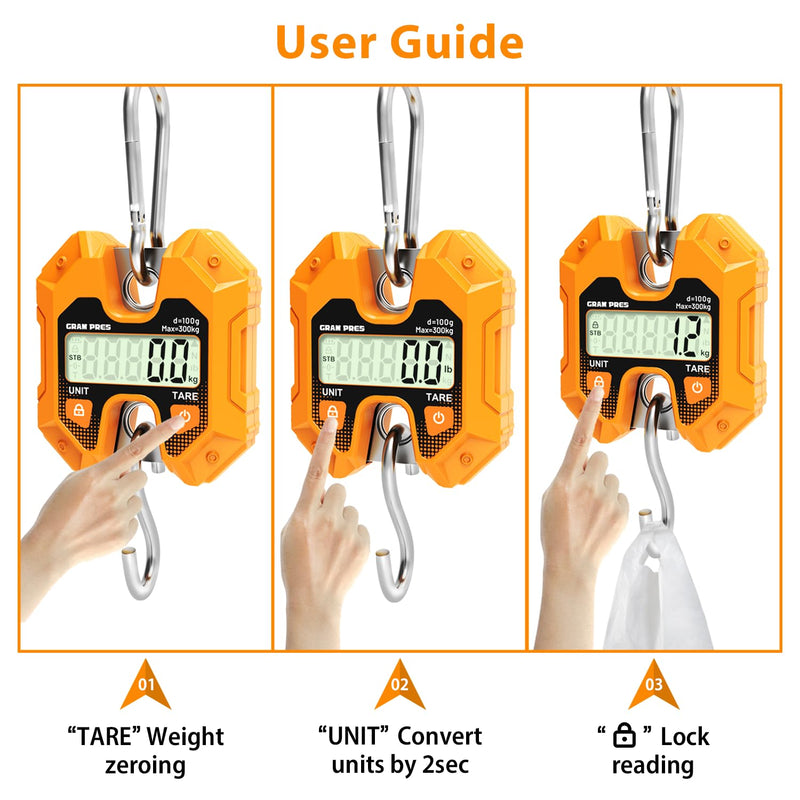 GRAM PRES Digital Hanging Scale - 660LB/300KG, Mini Crane Scale for Deer Hunting, Farm, Fishing, Meat, Game, Luggage, Outdoor