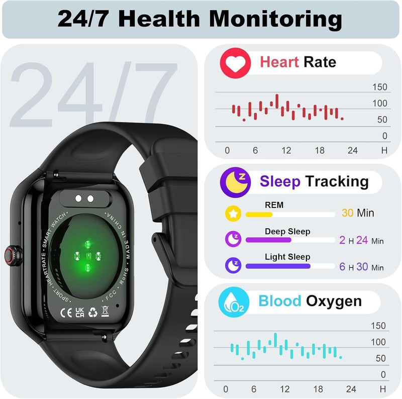 Fempoin Smart Watch for Women Men,1.96" Smartwatch, Answer/Make Call | IP68 Waterproof Fitness Tracker, 100+ Sport Modes, Heart Rate and Sleep Monitor, Pedometer, Smartwatches for Android iOS Black