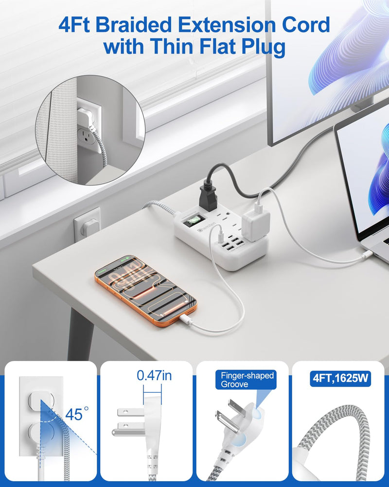 Travel Power Strip with 6 USB (2 USB C), 4 Outlets, 4Ft Extension Cord 13A | 6 USB Charging Station,4.8A,2 USB C,Surge Protector,Switch,Flat Plug,4FT Braided Extension Cord,For Travel Home Office Dorm