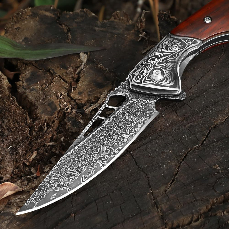 DRACHENADER Damascus Pocket Knife for Men with Clip and Leather Sheath, Handcrafted 67-Layer Damascus Steel Folding knife, Wood Handle, Ideal Gift for Father & Collector 3.4"