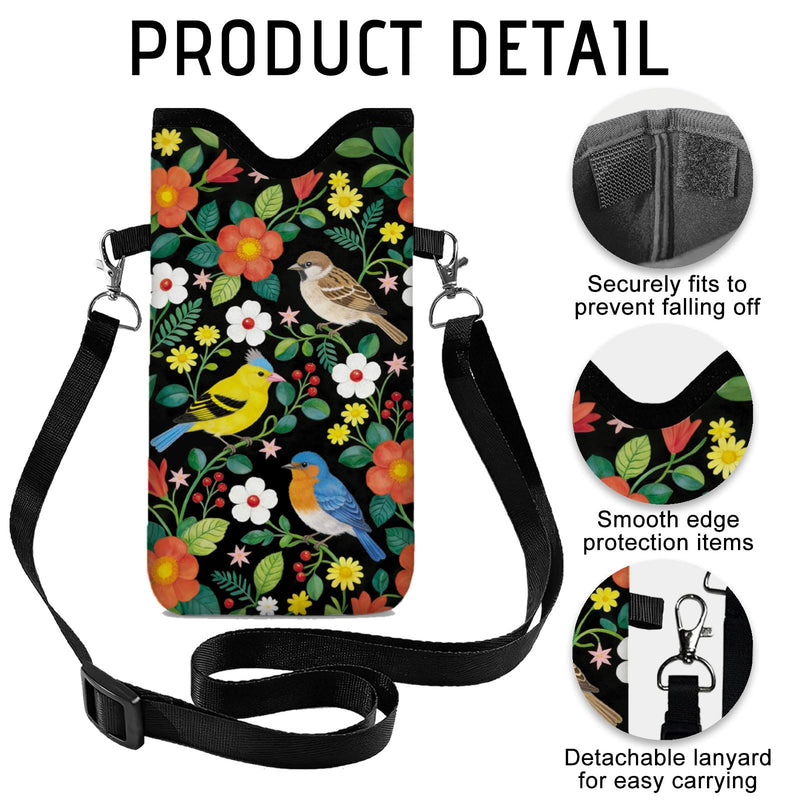 GLOBLELAND Flowers and Birds Cell Phone Sleeve Pouch Case Bag with Crossbody Strap Neck Lanyard for Women Men Flowers Birds