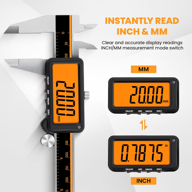 HARDELL Digital Caliper, Rechargeable Calipers with Large Orange Screen, Anti-Glare LCD & ABS Function, in/MM Caliper Measuring Tool, Stainless Steel Micrometer -Auto Off for DIY/Household (6 Inch)