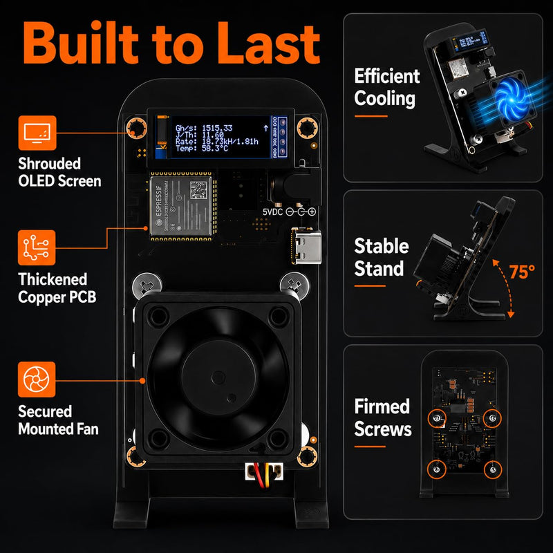 1.2-1.5TH/s Solo Bitcoin Miner Black with BM1370 ASIC Chip, Open Source | Compatible with AxeOS, ESP32 2.4GHz WiFi, OLED Display, SHA-256 Desktop Bitcoin Mining Machine - Home Crypto Mining Rig