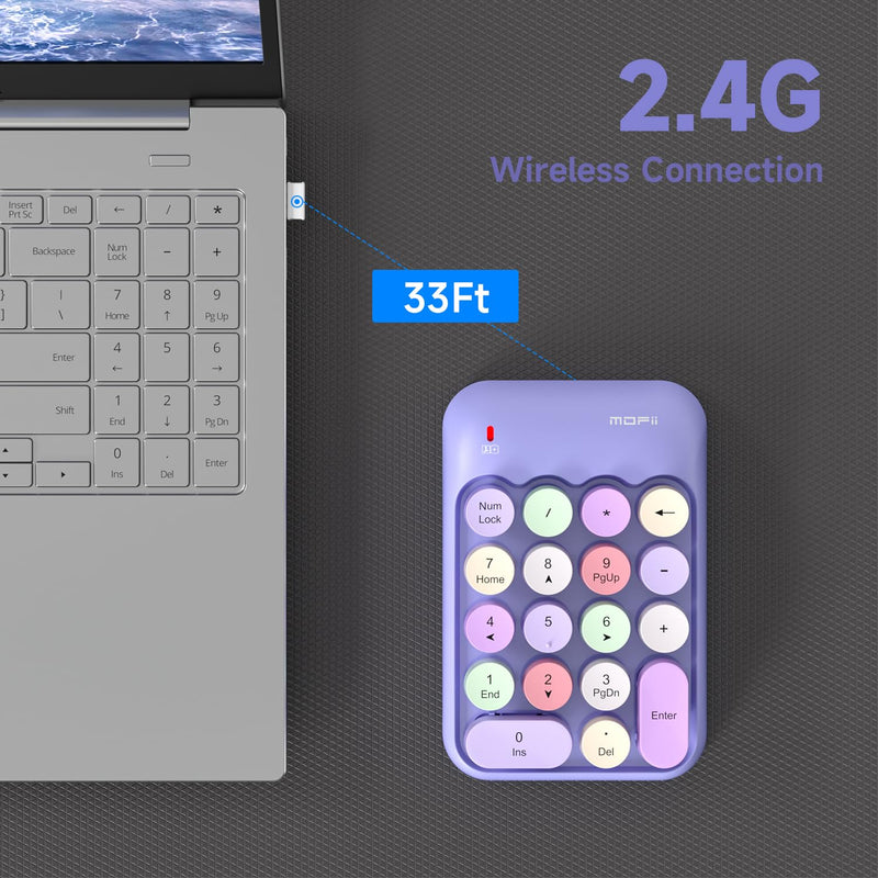 MOFII Wireless Number Pads - Purple Numeric Keypad 18 Keys USB 2.4G Round Keycap Colorful Extensions Keypads, Financial Accounting Portable Numpad 10 Key for Laptop/PC/Notebook/Surface Pro