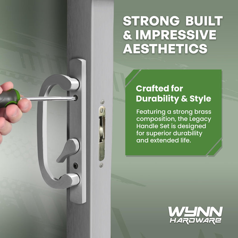 8.5" Legacy Sliding Patio Glass Door Offset Latch Brushed Chrome Handle Set Replacement - Sash Controls 2265 - No Mortise, Fits 3-15/16" Screw Hole Spacing and 1-1/4" to 2-1/4" Door Thickness