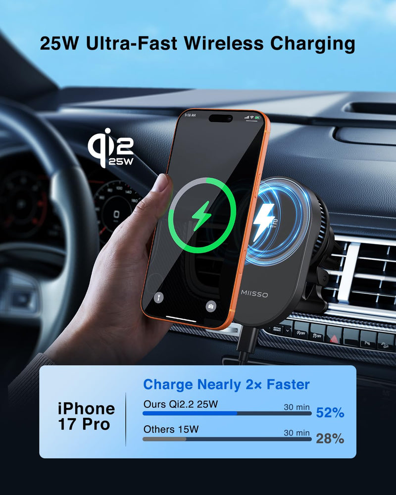 Qi2.2 25W Magnetic Vent Mount Car Charger with TEC Cooling Fan | Strong Magnetic Hold, 360° Adjustable Viewing, Wireless Air Vent Mount with 45W PD Adapter & USB-C Cable, for iPhone 12-17