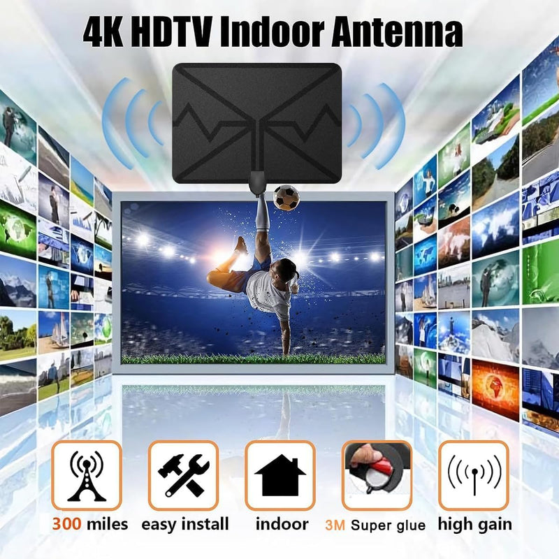 TV Antenna Indoor Long Range, Supports 4K 1080p Smart TV Signal Reception with Signal Amplifier 16ft HDTV Coax Cable Black
