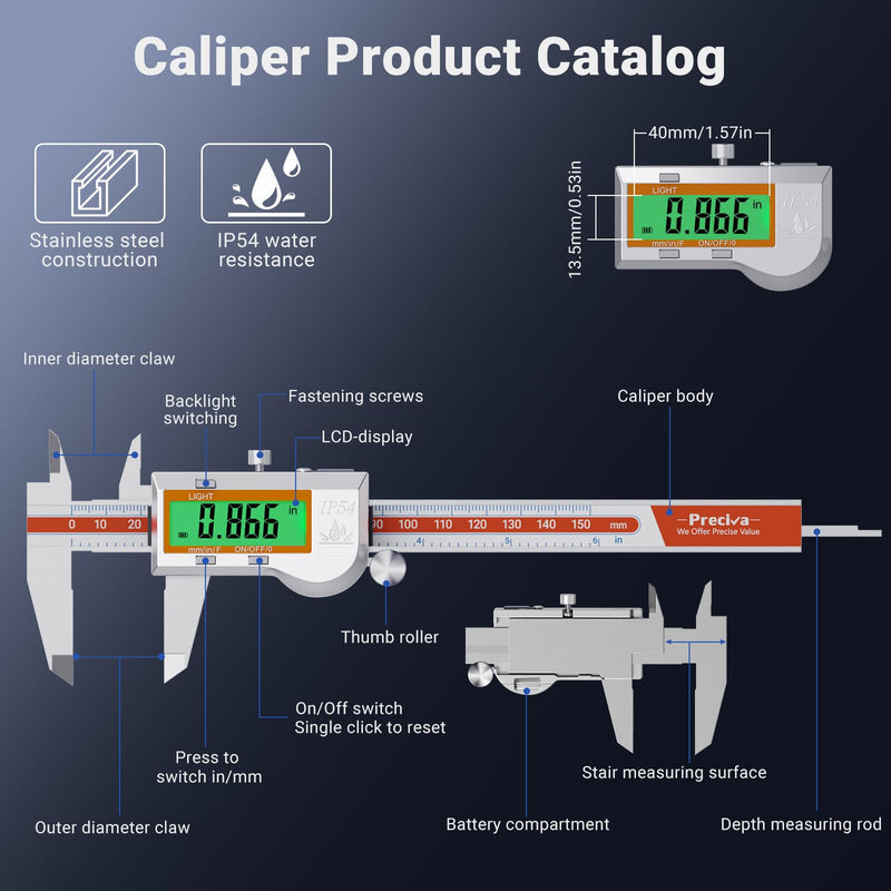 Preciva Digital Caliper Measuring Tool, Stainless Steel Digital Micrometer Vernier Caliper, with Backlight LCD, Auto-Off Feature, IP54 Splash Proof Protection and Inch Metric Conversion 6 Inch/150 mm