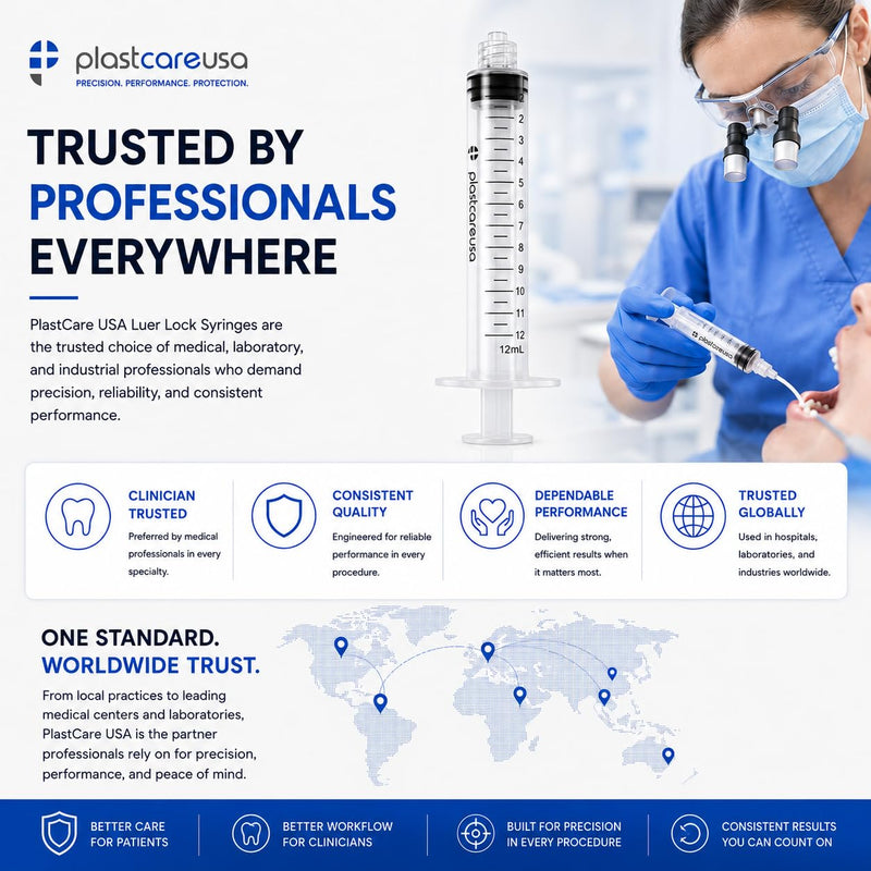 100 12ml Luer Lock Syringe without Needle, Disposable Luer Slip Tip Syringes - Non-Sterile, Latex-Free Plastic Dispenser by PlastCare USA 100.0