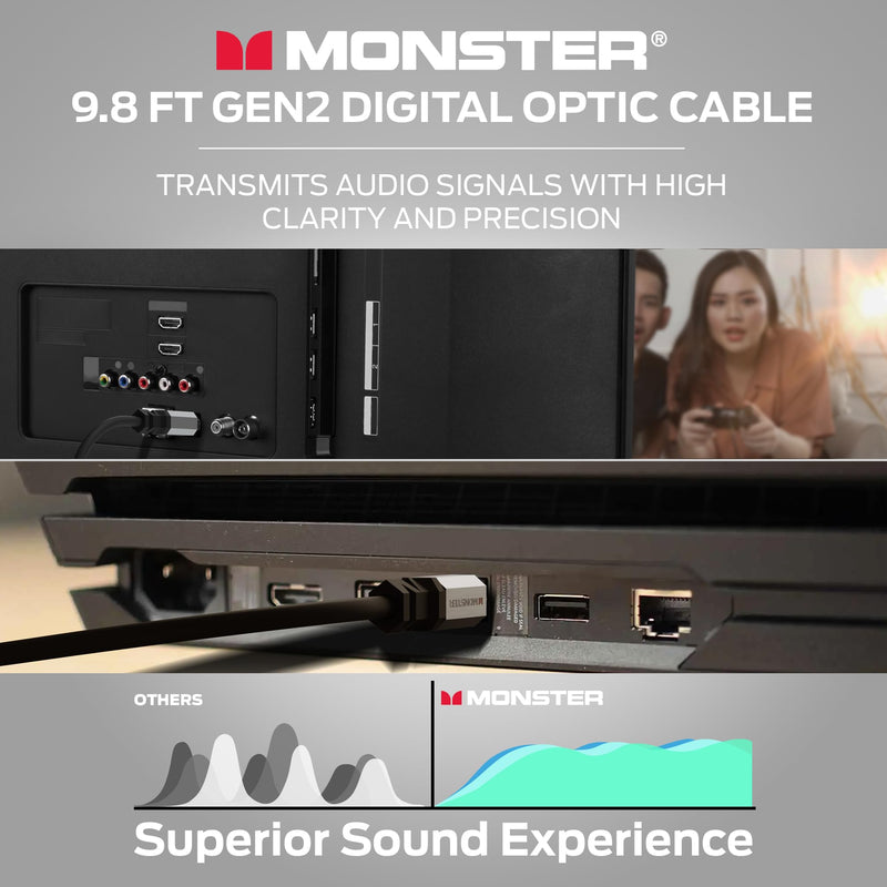 Monster Gen2 Essentials Digital Optical Toslink Cable, Sound Bar Optical Audio Cable with Gold Connectors, 9.8ft 9.8 Feet Digital Optic