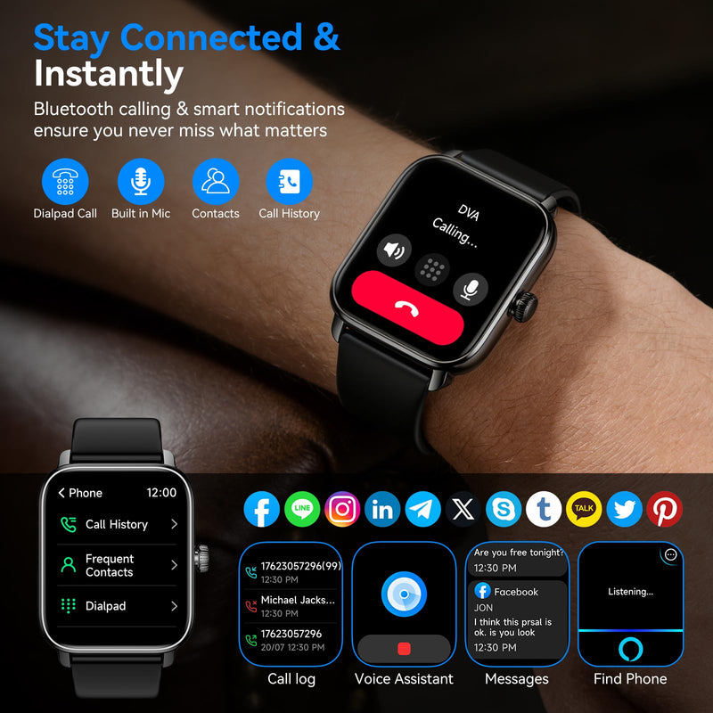 Smart Watches for Men Women with Alexa Built-in, Bluetooth Call, 1.85" HD Touchscreen, 120+ Sport Modes, IP68 Waterproof, 7-Day Battery, 24/7 Heart Rate & Sleep Monitor for Android iPhone (Black) Black
