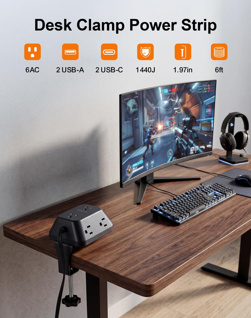 Desk Clamp Power Strip, 6 AC, 2 USB-C & 2 USB-A, 1440J, 6FT Cord | Fits 1.97in Desks, 17W Shared USB Charging, 45° Flat Plug & 3-Side Layout for Home Office, Standing Desk and Gaming Setups 6FT-Black
