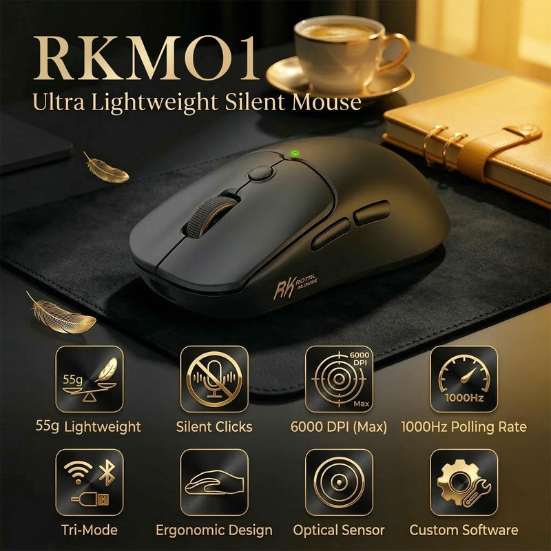 RK ROYAL KLUDGE MO1 Wireless Mouse, 55g Ultra-Lightweight Computer Mice, 6 Programmable Buttons, Quiet Click, 2.4GHz/Bluetooth/Wired, 6000 DPI Optical Sensor, Black