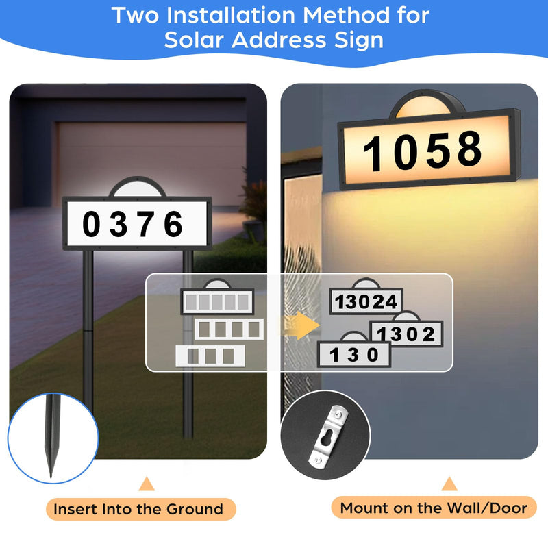 Solar Address Numbers for House, Lighted House Numbers with Cool Light & Warm Light, Solar Address Sign for Yard, IP65 Waterproof Address Plaque Wall Mounted & in Ground