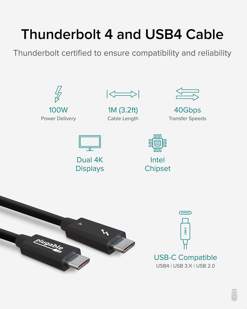 Plugable Thunderbolt 4 Cable [Thunderbolt Certified] 3.3ft USB4 Cable with 100W Charging, Single 8K or Dual 4K Displays, 40Gbps Data Transfer, Compatible with Thunderbolt, USB4, USB-C - Driverless ['1m (3.3ft)']