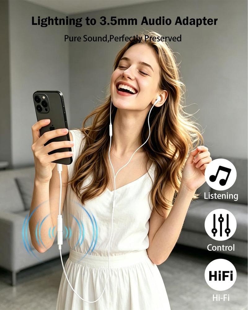 [Apple MFi Certified] Lightning to 3.5mm Headphone Jack Adapter for iPhone | Clear Audio for Music and Media; Compatible with iPhone 14/13/12/11/X/XS/8/7; Compact White 3-Pack, Plug and Play. 3 Pack