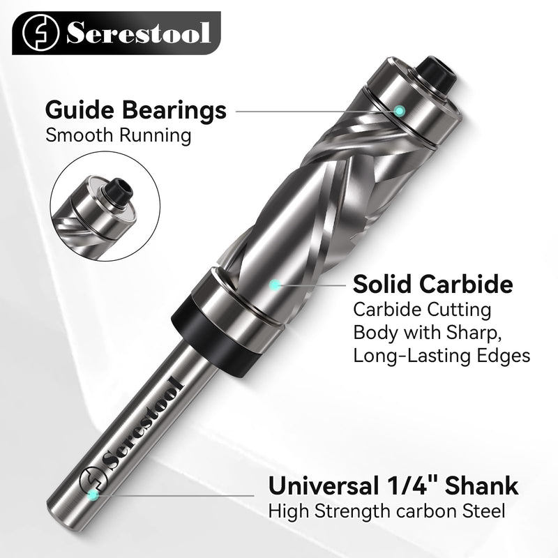 Top and Bottom Bearing Flush Trim Router Bit 1/4 Shank, 1/2" Cutting Diameter, 1-1/8" Cutting Length, Up&Down Compression Cut, Carbide Spiral Pattern Template Bit for Wood Trimming Top&Bottom Bearing Up&Down Cut 1/4"x1/2"x1-1/8"