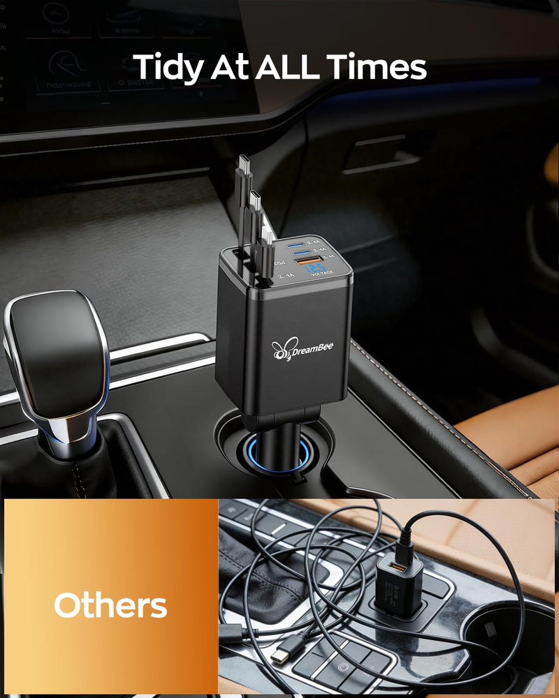 DreamBee Retractable Car Charger,108W 6 in 1 Super Fast Car Phone Charger with 3 Cords 31.5INCH, USB C Car Charger Adapter for iPhone 17/16/15/14/13 Pro Max XR,iPad,Samsung,Pixel
