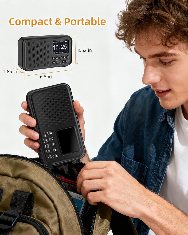Mesqool FM Radio, Portable Radio with Bluetooth & NOAA Weather Alert | Auto Scan, 40 Presets, 8W Sound, 2.4" Color Display, USB-C Charging, microSD Playback, Dual Alarms, Sleep Timer, 6 EQ Modes Black