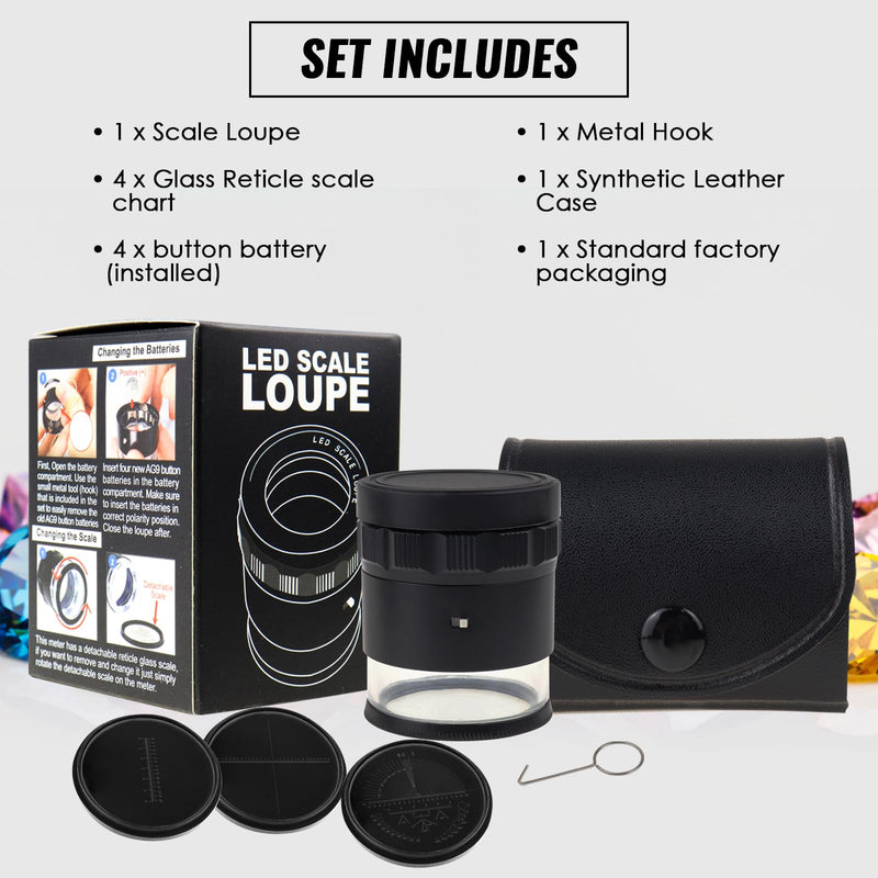 10x Jewelers Loupe, Illuminated Magnifying Glass, Portable Pocket Reading Magnifier with 25mm with LED Focused Eye Loupe Magnifier for Gems,Coins, Interchangeable Reticle Scale (4 Scale Glass) 4 Scale Glass