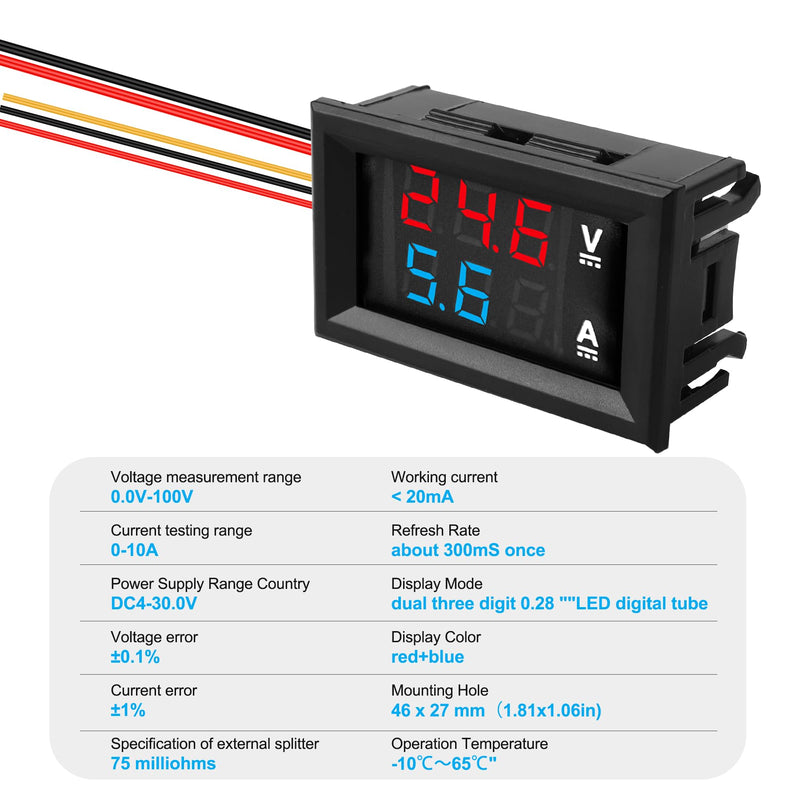 0.28" Volt Meter, DC 0-100V 10A Digital Voltmeter Ammeter Dual 3 Bits LED Display with Connect Wires Mini Ammeter Voltmeter for Electronic Circuit Experiments Cars RV Solar Energy (5Pack) 5Pack