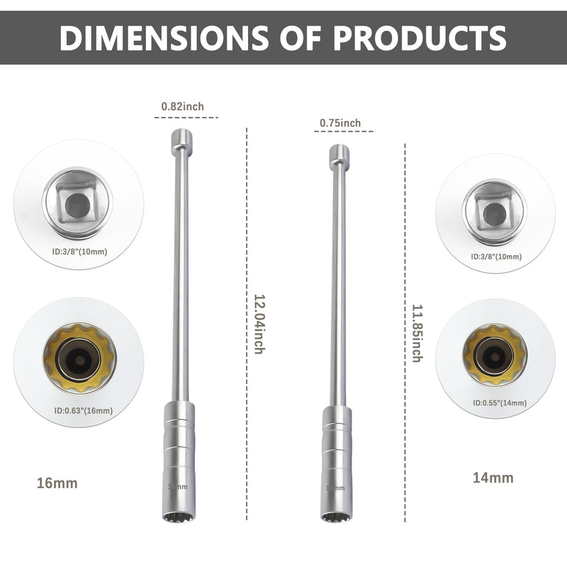 Steel Magnetic Spark Plug Socket Set - 14mm+16mm Extend, 12 Points, 3/8" Drive, Compatible with BMW, Nissan