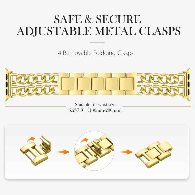 DaQin Gold Band Compatible with Apple Watch Bands for Women 40mm 42mm 38mm 41mm 44mm 45mm 46mm, Adjustable Metal Chain Link Bracelet Accessories for iWatch Band Series 11 10 9 8 7 6 5 4 3 2 1(No Case) 38mm/40mm/41mm/42mm(series 11 10)