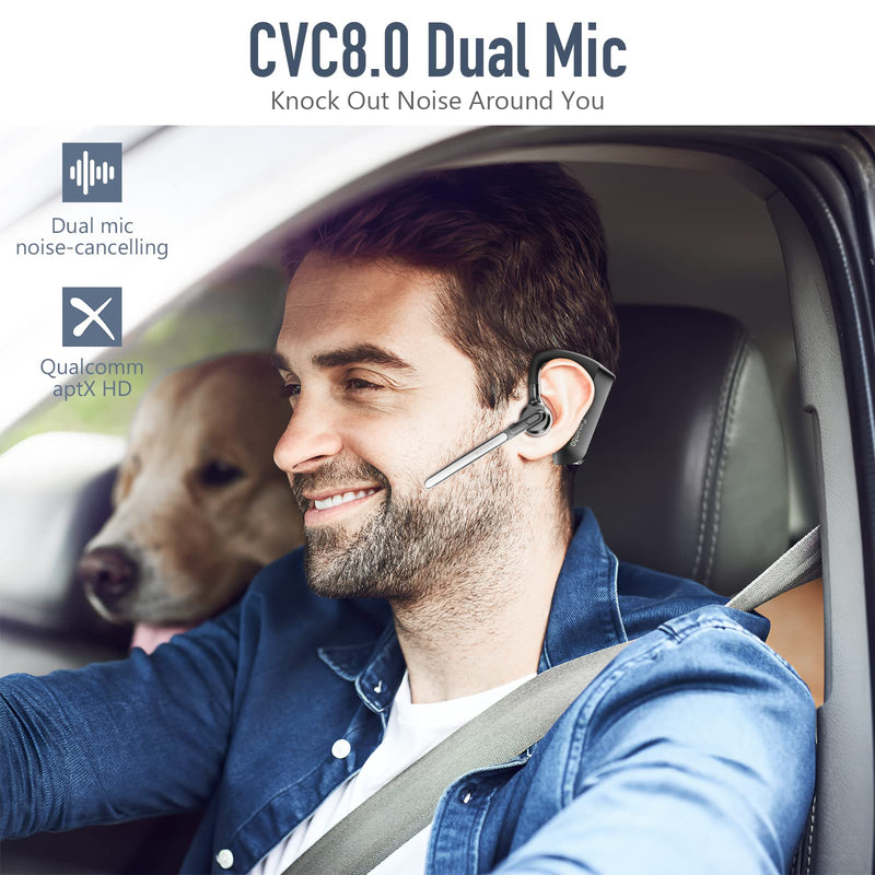 Conambo K21 Bluetooth Headset V5.1, Bluetooth Earpiece with CVC 8.0 Dual Mic Noise Cancelling Wireless Headphone - Mute & Volume Buttons 16Hrs Talking for iOS Android Cell Phone, Trucker, Office Work GREY