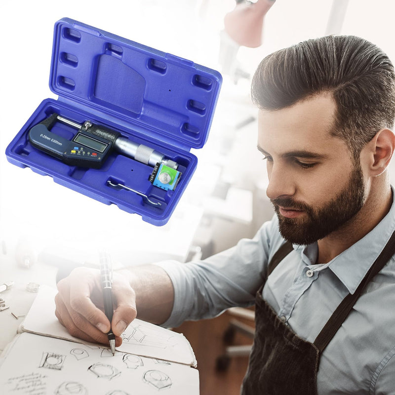 QWORK Digital Outside Micrometer with Carbide Tip, 0-1 Inch / 0-25 mm Measuring Range, High Accuracy ±0.002 mm, LCD Display