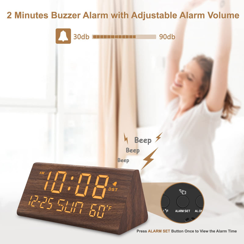 DreamSky Digital Alarm Clocks for Bedrooms - Wooden Desk Clock with Date, Day of Week, USB Port, Temperature, Dimmer for Bedside Table, Living Room, Office, Adjustable Volume, Auto DST, Wood Decor Brown - Date & Day