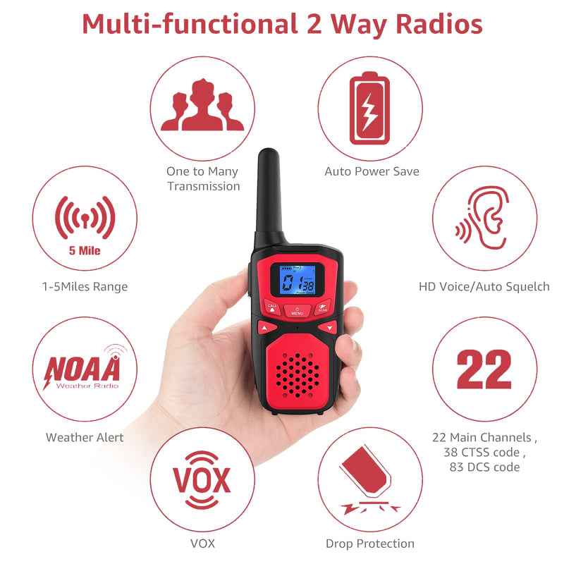Adult Walkie Talkie WokTok Long Range Rechargeable Portable Two-Way Walkie Talkie, Hiking Accessories, SOS Sirens, NOAA Weather Alarms, Kid's Toys, Easy-to-Use Rechargeable Walkie Talkies,2 Pack 2 Packs Red 2 Pack