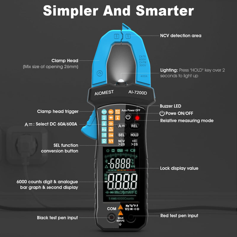 AIOMEST Digital Clamp Meter, 6000 Counts Handheld Multimeter Slim Voltage Tester Auto-Range 60A/400A True-RMS w/NCV, DC & AC, Temp, Volt Ammeter AI-7200D