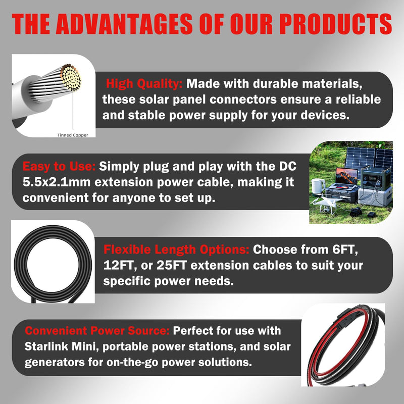 Solar Connectors to DC 5.5 * 2.1mm Extension Power Cable for Starlink Mini, Solar Panels to DC 5521 Cord Cable for Portable Power Stations & Solar Generators (25FT) 25FT