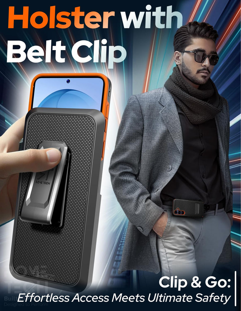 Designed for Samsung Galaxy S26 Plus Case with Belt Clip Holster | Rugged Cover with Strong Magnet & Kickstand Heavy Duty Combo - Black & Orange