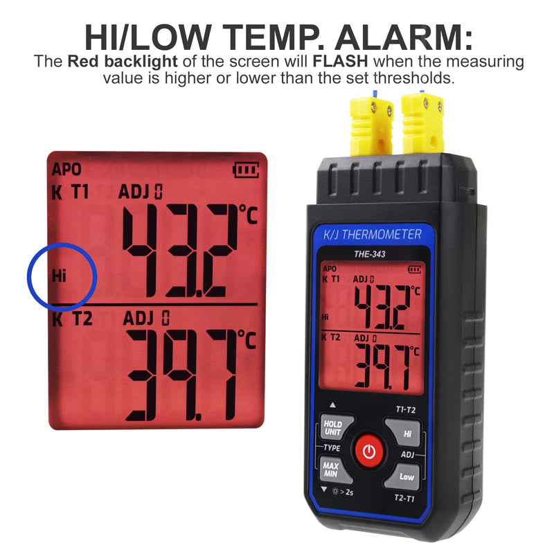 Thermocouple Thermometer Digital K Type Thermometer with 4 Thermocouples, -328~2500℉ Measuring Range HVAC Dual Channels Temperature Meter Gauge with LED Backlight & ADJ Compensation Black