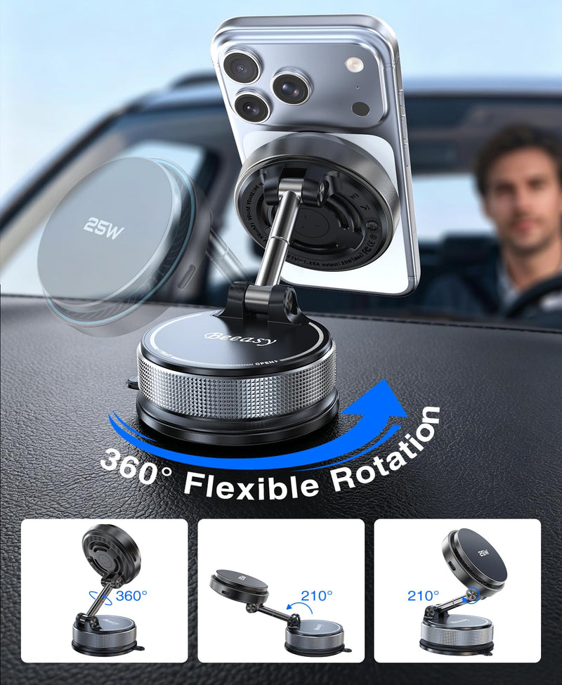 Beeasy 25W Qi2.2 MagSafe Car Mount Charger Built-in Cooling Fan, Upgraded Vacuum Suction Cup 360° Rotation, Magnetic Wireless Car Charger with 63W Adapter for iPhone 17 16 Pro Max Samsung S26 Ultra Black