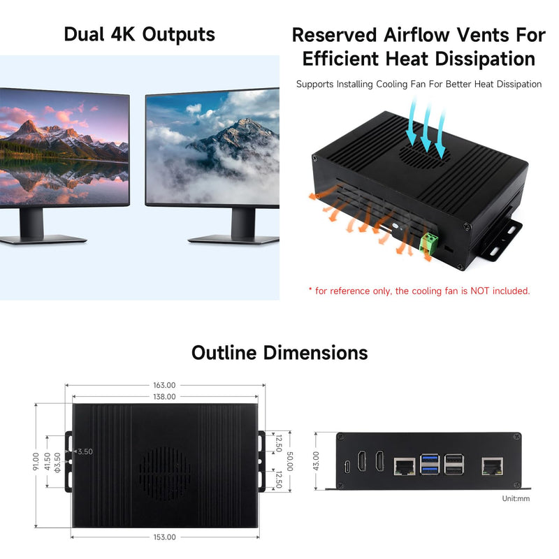 Waveshare Multi-Functional All-in-One Mini-Computer Kit, Compatible with Raspberry Pi 5, Aluminum Alloy Case, Comes with PCIe to 4-ch USB 3.2 Gen1 Adapter