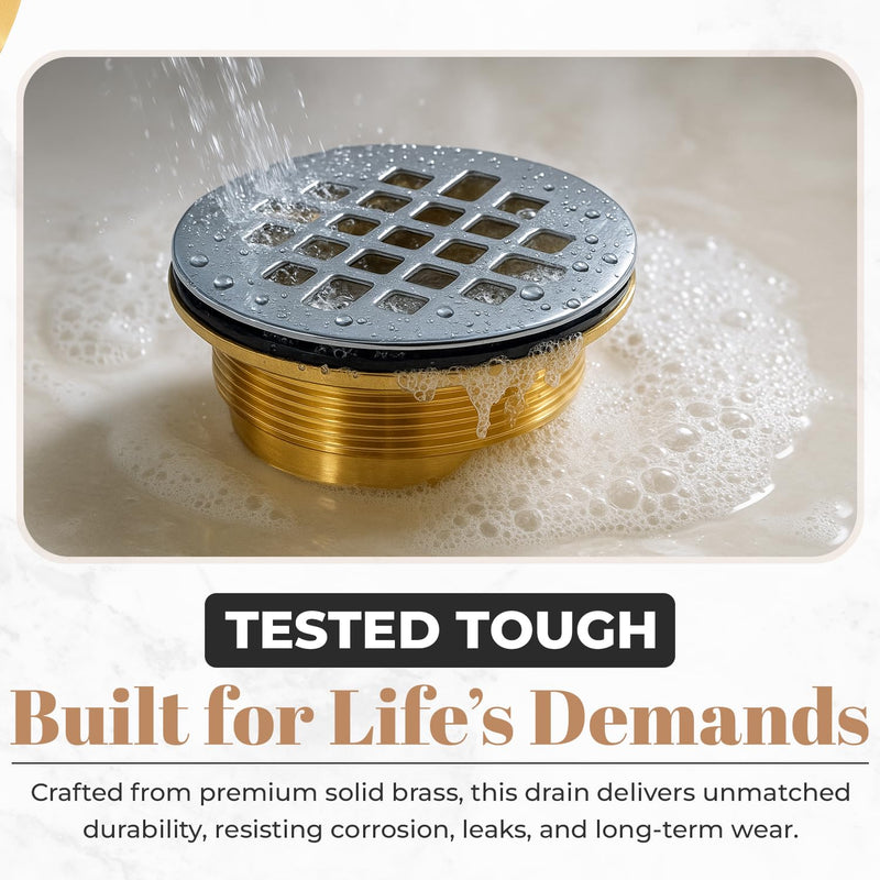 Solid Brass No-Caulk Compression Shower Stall Flange for 2" Drain Pipe with 4-1/4" Chrome Polished Stainless Steel Strainer