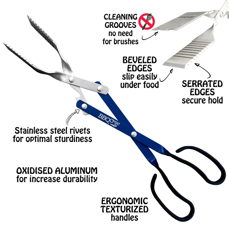 BBQ Croc 3 in 1 Barbecue Tool 18-inch - Lightweight and Long Tongs, Spatula and Grill Scraper (Blue) (18 inch Without Flashlight) 18 inch Without Flashlight