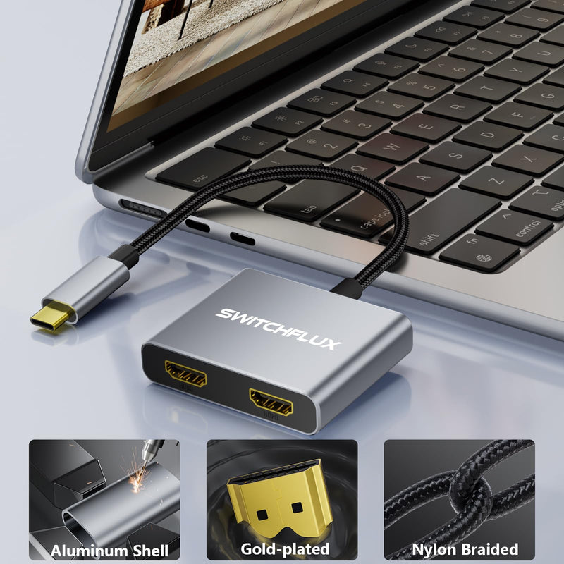 USB C to Dual HDMI Adapter, 4K@60Hz Dual Monitor Adapter for Extended & Mirror Display, HDMI Splitter Compatible with MacBook Pro/Air, Dell, HP, and Lenovo laptops USB C to Dual HDMI Adapter