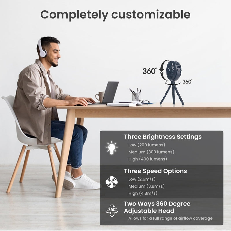 AYL 2600mAh Portable Fan Rechargeable, Flexible Tripod Clip On Fan, Battery Operated Desk Fan, USB Fan, Small Battery Powered Personal Fan for Bedroom, Outdoor Travel, Camping Tent, Car Fan, Black