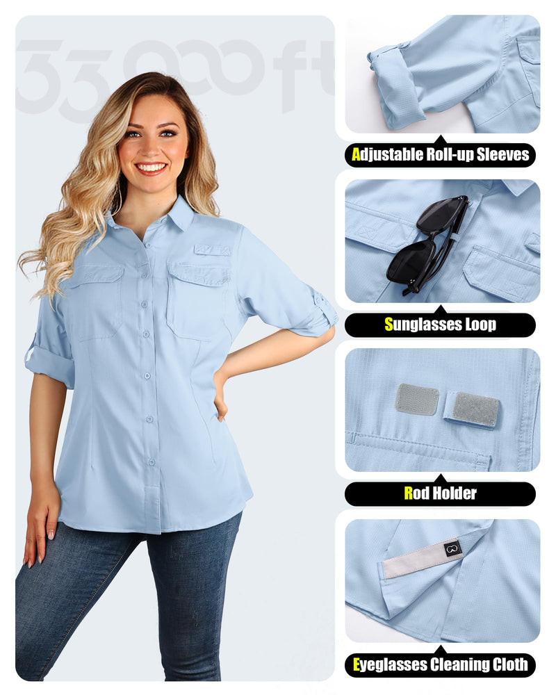 33,000ft Women's UPF 50+ UV Long Sleeve Sun Protection Safari Shirts Quick Dry Outdoor Fishing Hiking Travel Shirt Light Blue Medium