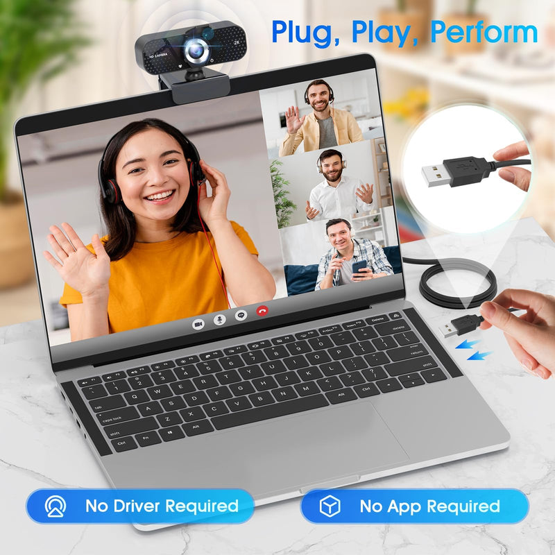 TRAUSI 2K Full HD Webcam with Auto Light Correction, Noise-Canceling Mic, Privacy Cover and Wide Angle Lens, Plug & Play USB Camera for Desktop/Laptop/Mac/PC, Compatible with Teams/Zoom/Streaming Jet Black