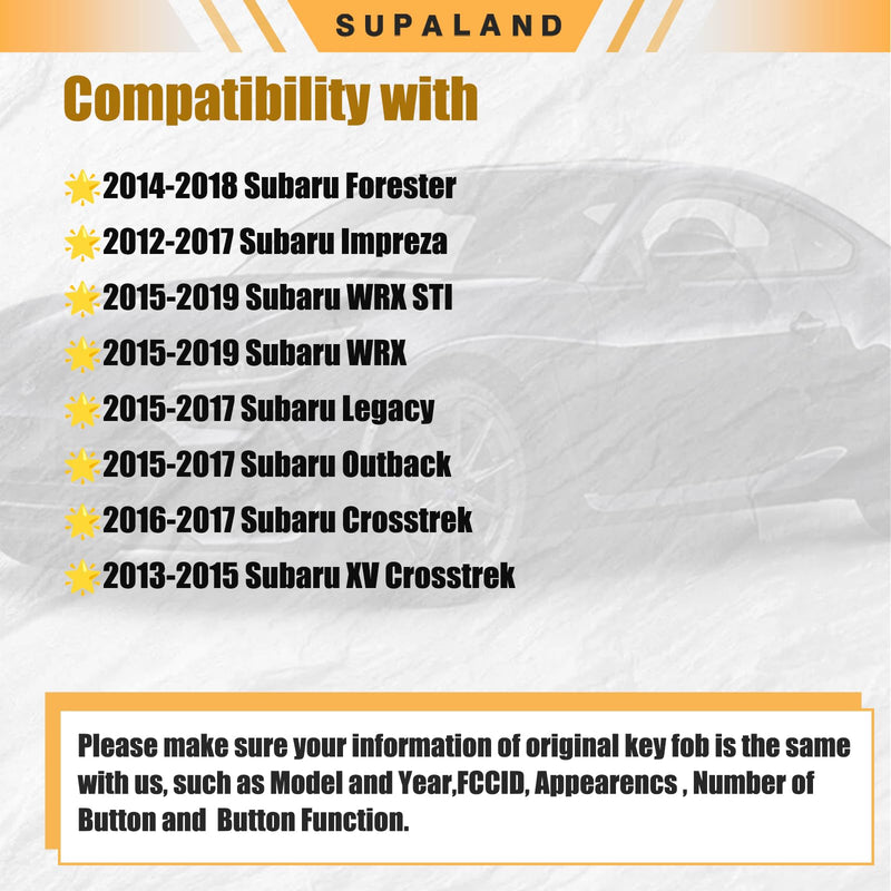 SUPALAND G-Chip Key Fob Fits for Subaru Forester Impreza Legacy Outback WRX STI XV Crosstrek 2012 2013 2014 2015 2016 2017 Remote Control Head Key Replacement CWTWB1U811 (Sets of 2)