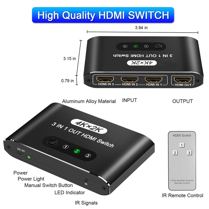HDMI Switch 3 in 1 Out, 4K@60Hz HDMI Selector with Remote Control, 3 Ports HDMI Switcher, Perfect for Full HD 4K 1080P 3D Video Roku Fire TV Blu-ray Players Stick Apple PS4/PS5 Xbox Chromecast (black) Black