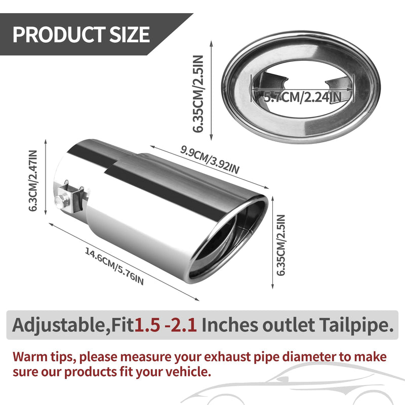 Universal Chrome Exhaust Tip, 1.5"–2.1" Inlet, Stainless Steel, Adjustable Car Muffler Decorative Tip, Fits Pipes with 1.5–2.1" Diameter, 2.24" Outlet, 5.76" Long, Straight Pipe Kit Straight-Silver
