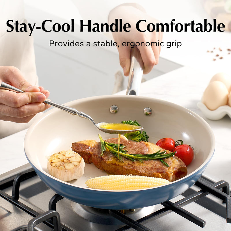 Redchef Ceramic Non Stick Egg Pans, Nonstick Frying Pan Skillet, 8 inch Cooking Pan Non Toxic with Stay Cool Handle for Induction, PTFE & PFAS & PFOA Free, Dishwasher/Oven Safe (Blue) Blue