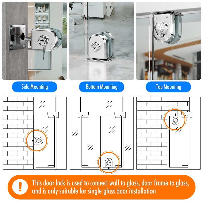 Ranbo Swinging Glass Door Latch Lock No Drilling 304 Stainless Steel Gound Bolt Lock for 3/8-1/2 Inch(10mm-12mm) Exterior and Interior Frameless Sliding Glass Door with 2 Keys, Polished Chrome LE-30A-Polished