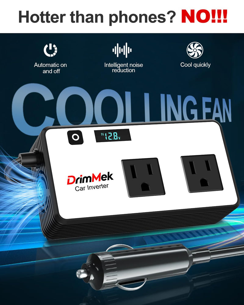 200W Car Power Inverter, Car Plug Adapter Outlet 12V to 110V Converter with 24W USB Fast Charging Port, Dual AC Outlet for Laptop, Vehicles, Camping (LED Display) White