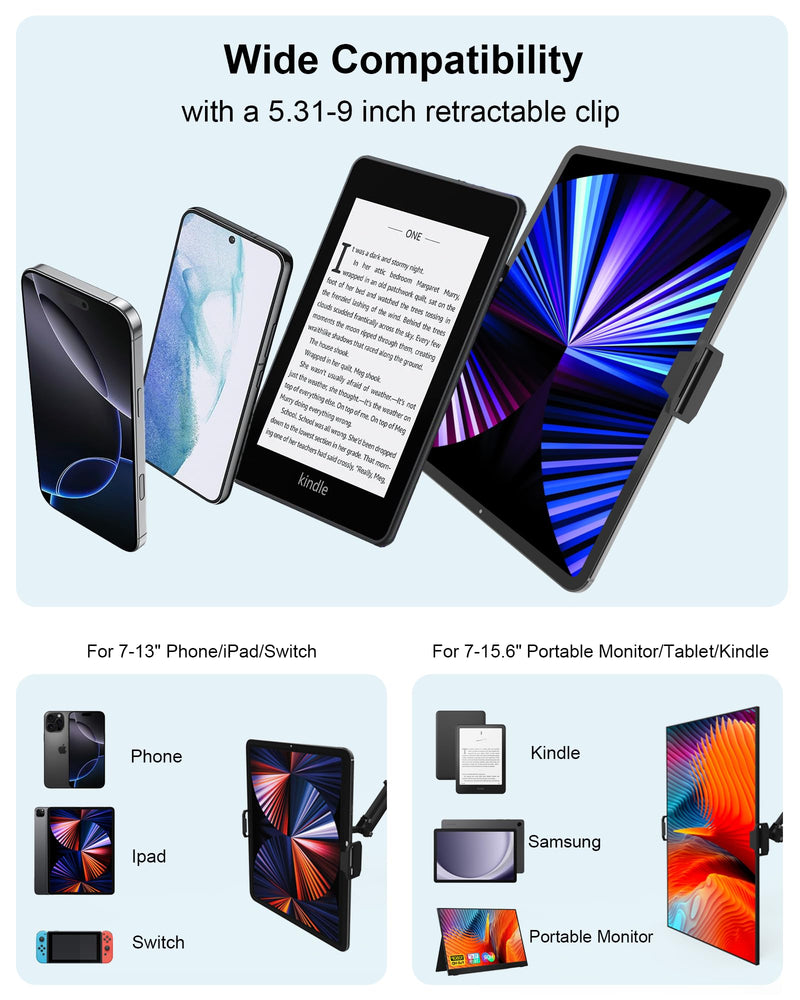 17.3" Portable Monitor Stand, Foldable Tablet Arm Mount for Desk, Kindle Holder for Reading in Bed, Adjustable Phone Stand Compatible with iPad Pro Air Mini, Samsung Galaxy Tab S9, Kindle, Cell Phone